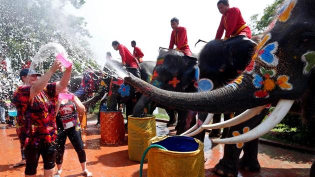 Elephants spraying water at tourists on the street. (Chaiwat Subprasom / Reuters)