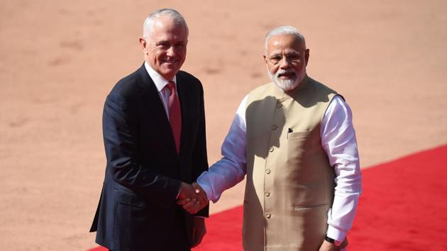 Prime Minister Narendra Modi with his Australian counterpart Malcolm Turnbull, New Delhi, April 10. Accompanying the Australian Prime Minister is Education Minister, Senator Simon Birmingham, and Vice Chancellors from Australia’s highest ranked universities, the Group of Eight. It should therefore come as no surprise that education is high on the agenda of this important bilateral visit.(AFP)