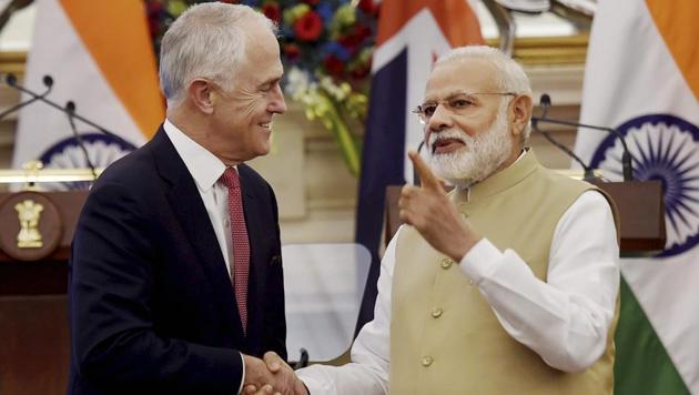 Prime Minister Narendra Modi (R) shakes hands with his Australian counterpart Malcolm Turnbull after their joint statement at Hyderabad House in New Delhi on Monday. (PTI) Prime Minister Narendra Modi (R) shakes hands with his Australian counterpart Malcolm Turnbull after their joint statement at Hyderabad House in New Delhi on Monday. (PTI)