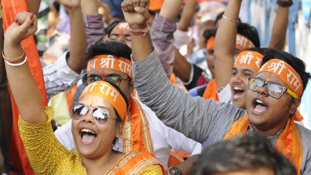 Vishwa Hindu Parishad supporters organised a rally in celebration of Ram Mahotsav and Hanuman Jayanti and demanding construction of Ram Temple at Ayodhya at Esplanade in Kolkata.