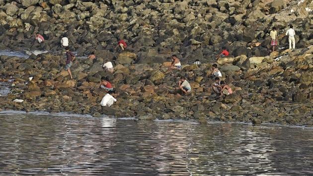 People squat amid garbage on open land at Bandra Reclamation to relieve themselves in the morning.(Vijayanand Gupta/HT Photo)