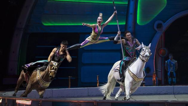 The Cossack Riders, facing constant danger doing daring acrobatics during the perform. (Doug Mills / NYT) The Cossack Riders, facing constant danger doing daring acrobatics during the perform. (Doug Mills / NYT)