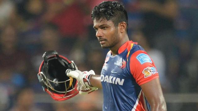 Delhi Daredevils batsman Sanju Samson celebrates after scoring his hundred against Rising Pune Supergiant.(AFP)