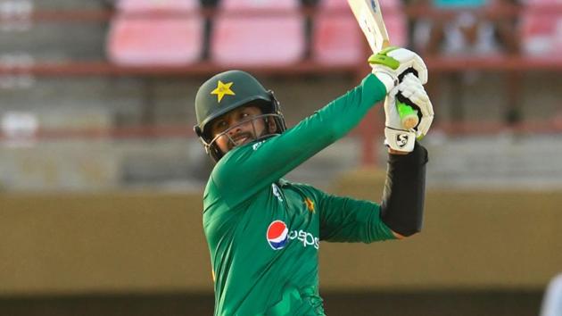 Shoaib Malik of Pakistan cricket team hits the winning runs, a six. during the 3rd and final ODI against West Indies cricket team at Guyana National Stadium in Providence on Tuesday.(AFP)