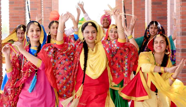 School students in their Baisakhi best in Patiala on Wednesday. (Bharat Bhushan/HT)