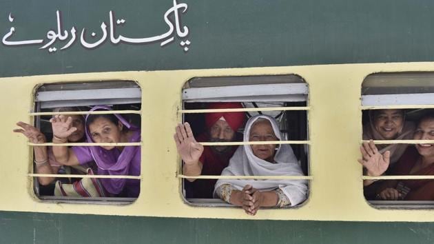 Pilgrims leaving for Pakistan on a special train from Attari station on Wednesday. Sikh jathas (groups) are going to celebrate Baisakhi and pay obeisance at gurdwaras across the border. (Gurpreet Singh/HT)
