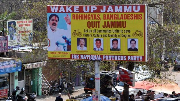 A hoarding displayed by National Panthers party against Rohingyas and Bangladeshis in Jammu. They stayed in Jammu and Samba but didn’t go to Kashmir. (Nitin Kanotra/HT Photo)