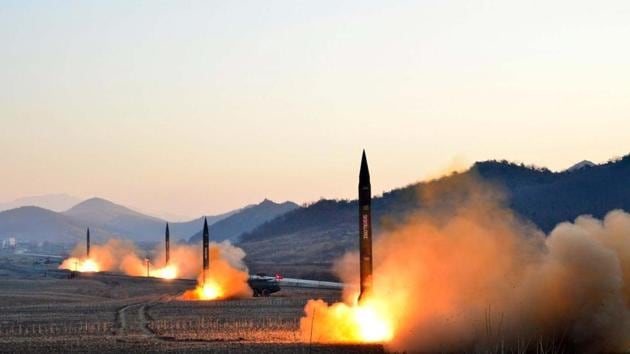 Launch of four ballistic missiles by the Korean People's Army during a military drill in North Korea in March.(AFP File Photo) Launch of four ballistic missiles by the Korean People's Army during a military drill in North Korea in March.(AFP File Photo)