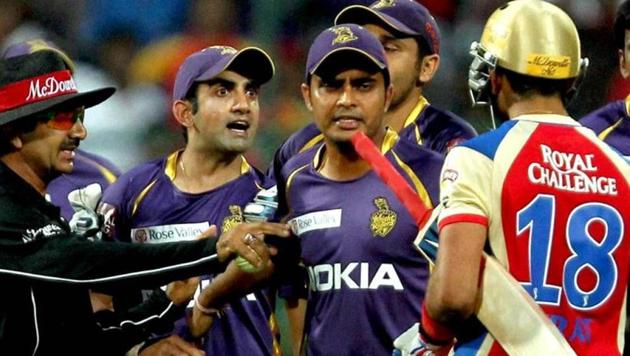 Royal Challengers Bangalore batsman Virat Kohli and Kolkata Knight Riders Gautam Gambhir arguing during an Indian Premier League T20 match at the Chinnaswamy Stadium in Bangalore in 2013.(PTI)