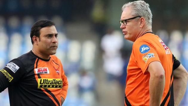Sunrisers Hyderabad mentor VVS Laxman andcoach Tom Moody discuss strategy before the start of the match. (BCCI)