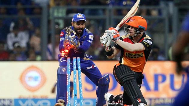 David Warner shared an 81-run opening stand with Shikhar Dhawan but his departure for 49, in attempting a switch-hit off Harbhajan Singh, resulted in Sunrisers Hyderabad losing momentum.(BCCI)