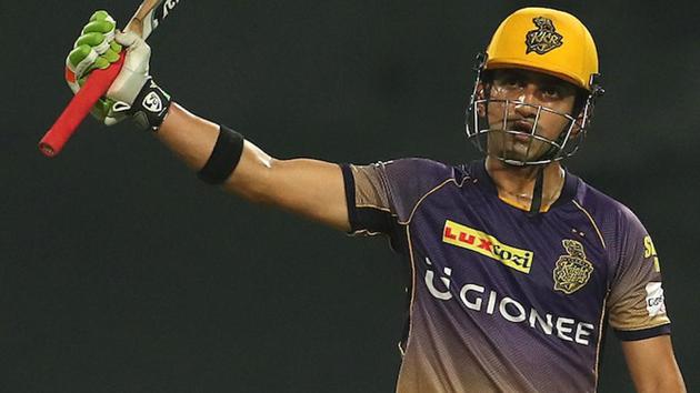 Kolkata Knight Riders’ Gautam Gambhir celebrates his fifty against Kings XI Punjab. Get highlights of Kolkata today’s IPL T20 clash between Knight Riders vs Kings XI Punjab here.(IPL)