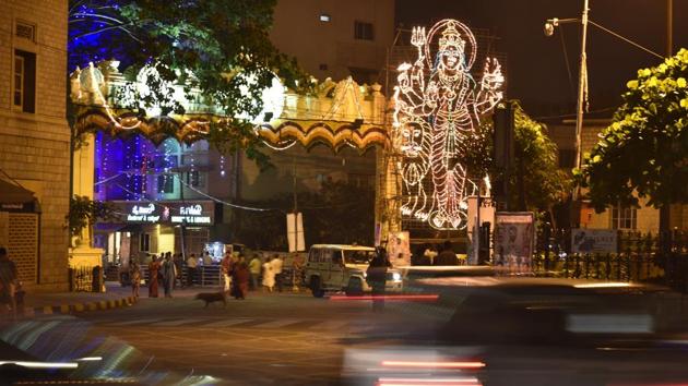 An Illuminated streets near Corporation building on the occasion of Karaga in Bengaluru. (Arijit Sen/HT Photo) An Illuminated streets near Corporation building on the occasion of Karaga in Bengaluru. (Arijit Sen/HT Photo)