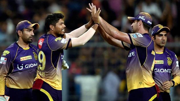 Kolkata Knight Riders speedster Umesh Yadav celebrates the wicket of Kings XI Punjab captain Glenn Maxwell during their IPL T20 match in Kolkata on Thursday.(PTI)