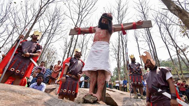 A man portrays Jesus Christ during a re-enactment to mark Good Friday in Guwahati. (Anuwar Hazarika / Reuters)