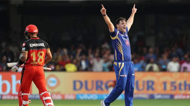 Mitchell McClenaghan of the Mumbai Indians is pumped after dismissing Virat Kohli at the M Chinnaswamy Stadium in Bangalore on Friday.  (BCCI) 