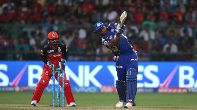 Kieron Pollard of the Mumbai Indians hits over the top for a six during the IPL 2017 match against Royal Challengers Bangalore in Bangalore on Friday. (BCCI)