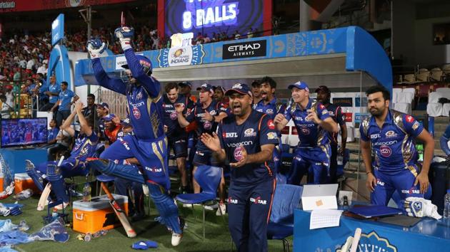 The moment at the players’ dugout when Mumbai Indians beat Royal Challengers Bangalore by four wickets.  (BCCI) 