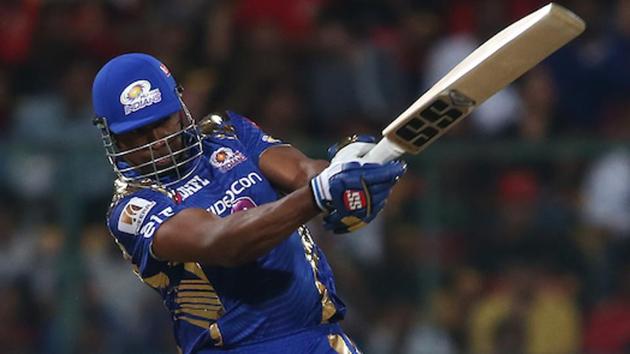 Kieron Pollard smashed a 47-ball 70 to guide Mumbai Indians to a four-wicket victory against Royal Challengers Bangalore in their 2017 Indian Premier League match in Bangalore on Friday despite Samuel Badree’s hattrick that had almost derailed the visitors’ chase.(BCCI)