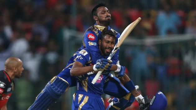 Krunal Pandya and Hardik Pandya in a perfect family moment as the brothers guided Mumbai Indians to a four-wicket win against Royal Challengers Bangalore in their 2017 Indian Premier League match at the M Chinnaswamy Stadium in Bangalore on Friday. (BCCI)