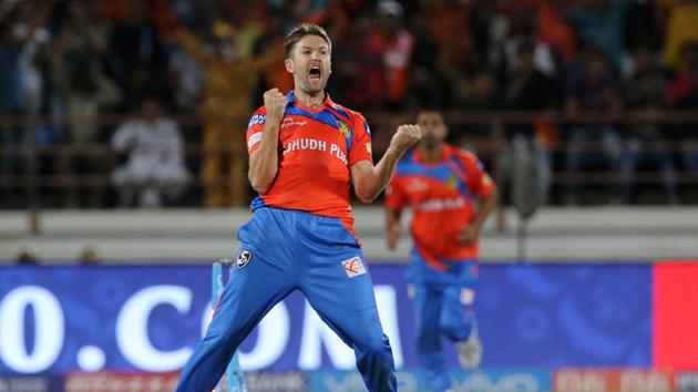 Andrew Tye of Gujarat Lions celebrates after taking a hat-trick during their 2017 Indian Premier League (IPL) match against Rising Pune Supergiant at the Saurashtra Cricket Association Stadium in Rajkot. Catch highlights of Gujarat Lions vs Rising Pune Supergiant here.(BCCI)