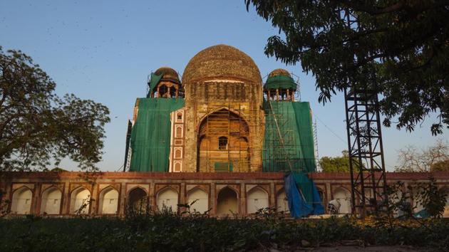 Tomb of Khane-i-Khana is located in Nizamuddin East and was built in the honour of Abdul Rahim Khane-i-Khana who was one of the Navratnas of Akbar’s court. It is currently under extensive restoration to restore its former glory under a public-private partnership. (Vageesh Lall/HT Photo)