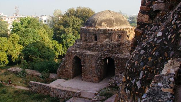 Bijay Mandal ruins which are located in Begumpur village were part of Jahanpanah. According to Ibn Batuta, the medieval historian, this structure served as a large public audience hall while other records claim it was built to monitor troops of the Tughlaq dynasty. (Vageesh Lall/HT Photo)