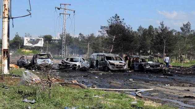 Image released by the Thiqa News Agency shows charred and damaged cars at the scene of an explosion in the Rashideen area, a rebel-controlled district outside Aleppo city, Syria, on April. 15, 2017. (AP Photo) Image released by the Thiqa News Agency shows charred and damaged cars at the scene of an explosion in the Rashideen area, a rebel-controlled district outside Aleppo city, Syria, on April. 15, 2017. (AP Photo)