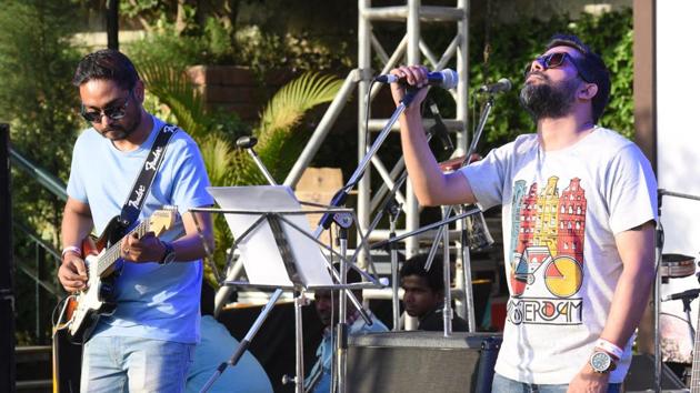 A band in action at the Kasauli Rhythm and Blues music festival in Himachal Pradesh on Friday, April 14. (Sanjeev Sharma/HT)
