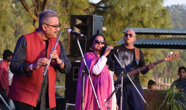 A band in action at the Kasauli Rhythm and Blues music festival in Himachal Pradesh on Friday, April 14. (Sanjeev Sharma/HT)