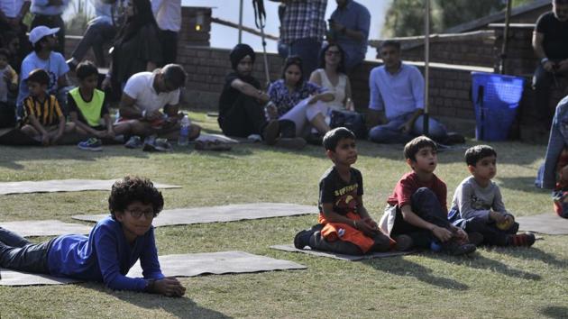 Kids among the audience at the Kasauli Rhythm and Blues music festival in Himachal Pradesh on Saturday, April 15. (Ravi Kumar/HT)