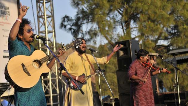 A band performing at the Kasauli Kasauli Rhythm and Blues music festival in Himachal Pradesh on Saturday, April 15. (Ravi Kumar/HT)