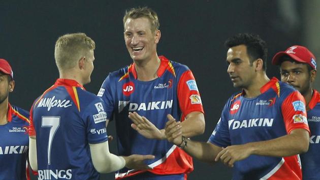 Chris Morris (centre) of Delhi Daredevils celebrates the wicket of Kings XI Punjab’s Hashim Amla during their 2017 Indian Premier League match at the Feroz Shah Kotla in Delhi on Saturday. Catch highlights of Delhi Daredevils vs Kings XI Punjab here.(BCCI)