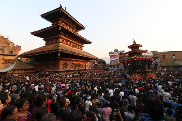 Nyatapola Temple with an architecture that echoes the Himalayas seen here brimming up with people. The 30 meter high, five storied temple built in 1702 is still one of the tallest structures in the Kathmandu Valley and the centre for the Bisket Jatra. (Photo By Nipun Prabhakar)