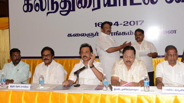DMK’s working president MK Stalin (centre) at the all-party meet of Tamil Nadu’s opposition parties in Chennai on Sunday.(HT Photo) DMK’s working president MK Stalin (centre) at the all-party meet of Tamil Nadu’s opposition parties in Chennai on Sunday.(HT Photo)
