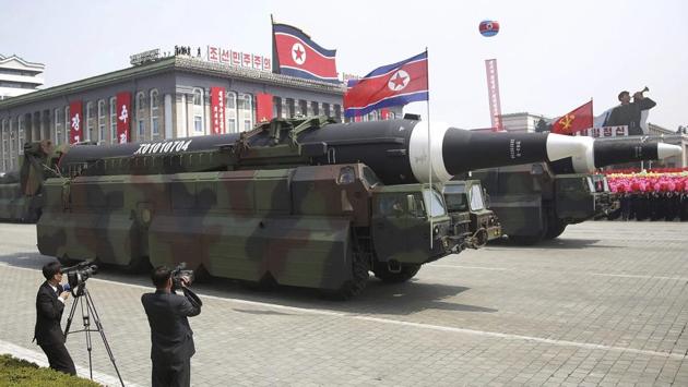 A North Korean KN-08 Intercontinental Ballistic Missile (ICMB) is paraded across Kim Il Sung Square during a military parade. (AP)