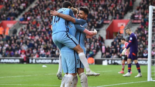 Vincent Kompany and Sergio Aguero were the stars as Manchester City moved to third spot in the Premier League with a 3-0 win over Southampton. (AFP) Vincent Kompany and Sergio Aguero were the stars as Manchester City moved to third spot in the Premier League with a 3-0 win over Southampton. (AFP)