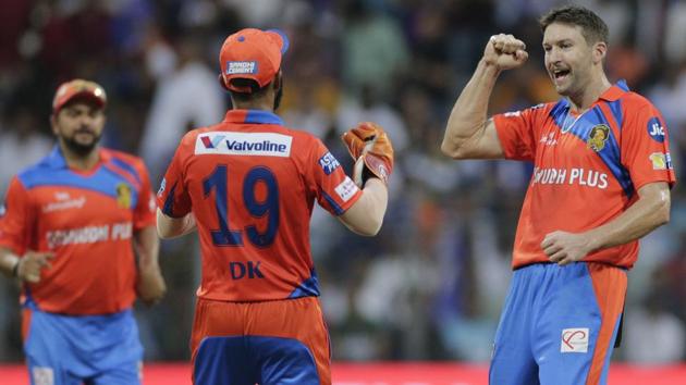 Gujarat Lions players celebrate the wicket of Mumbai Indians batsman Nitish Rana. (AP)