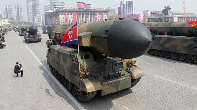 Korean People's ballistic missiles being displayed through Kim Il-Sung square during a military parade in Pyongyang marking the 105th anniversary of the birth of late North Korean leader Kim Il-Sung. (AFP)