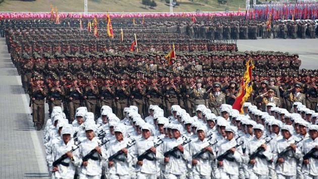 Korean People's Army (KPA) soldiers marching through Kim Il-Sung square during a military parade in Pyongyang marking the 105th anniversary of the birth of late North Korean leader Kim Il-Sung. (AFP)