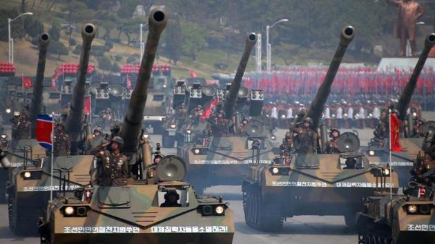 Korean People's howitzers being displayed through Kim Il-Sung square during a military parade in Pyongyang marking the 105th anniversary of the birth of late North Korean leader Kim Il-Sung. (AFP)