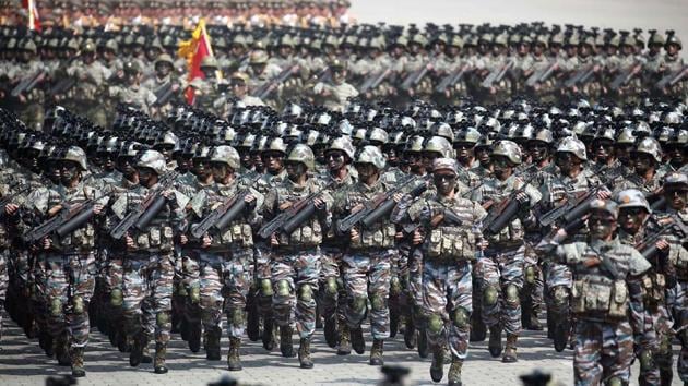 Korean People's Army (KPA) soldiers marching through Kim Il-Sung square during a military parade in Pyongyang marking the 105th anniversary of the birth of late North Korean leader Kim Il-Sung. (AFP)