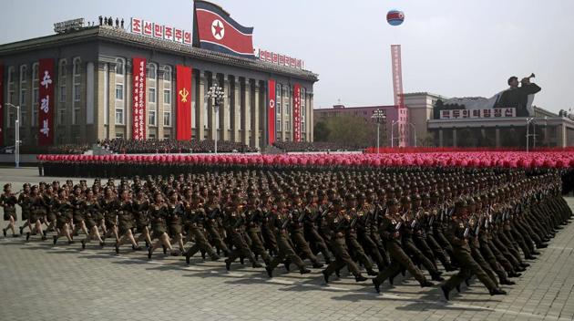 A soldiers march across Kim Il Sung Square during a military parade in Pyongyang, North Korea to celebrate the 105th birth anniversary of Kim Il Sung, the country's late founder and grandfather of current ruler Kim Jong Un. (Wong Maye-E / AP)