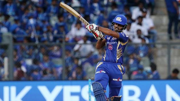 Mumbai Indians batsman Nitish Rana plays a shot en route to his fifty. (BCCI)