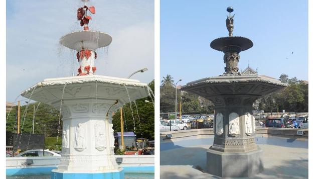A combination of pictures shows the fountain before (left) and after the restoration (right). (HT) A combination of pictures shows the fountain before (left) and after the restoration (right). (HT)