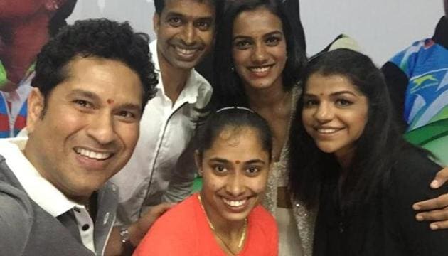 Sachin Tendulkar with badminton coach Gopichand and Olympians PV Sindhu, Sakshi Malik (R), Deepa Karmakar (Centre below). Both Malik and Karmakar feature in the Forbes 50 Indians’ list of under 30 super achievers. (File Photo) Sachin Tendulkar with badminton coach Gopichand and Olympians PV Sindhu, Sakshi Malik (R), Deepa Karmakar (Centre below). Both Malik and Karmakar feature in the Forbes 50 Indians’ list of under 30 super achievers. (File Photo)