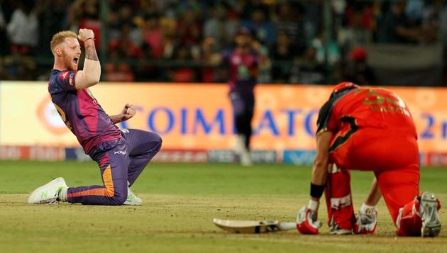 Ben Stokes’ three-wicket haul guided Rising Pune Supergiant to a 27-run win over Royal Challengers Bangalore in a 2017 Indian Premier League clash at the M Chinnaswamy Stadium. (BCCI) Ben Stokes’ three-wicket haul guided Rising Pune Supergiant to a 27-run win over Royal Challengers Bangalore in a 2017 Indian Premier League clash at the M Chinnaswamy Stadium. (BCCI)