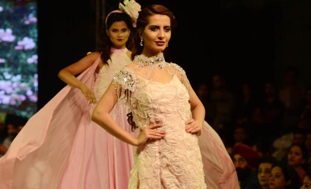 Models on the ramp during Ludhiana Fashion Week by students on Saturday night, April 15. (Jagtinder Singh Grewal/HT)