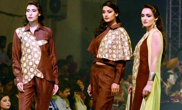 Models on the ramp during Ludhiana Fashion Week by students on Saturday night, April 15. (Jagtinder Singh Grewal/HT)