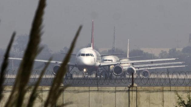 FILE PHOTO - New Delhi 17 November 2011:: HT News ::A Kingfisher Airline in front prepares for takeoff at the runway no. 11-29 at the IGI Airport in New Delhi on Thursday 17 November 2011 .Kingfisher canceled hundreds of domestic flights last week as pilots and crew called in sick after their October salaries were delayed. HT Photo by Vipin Kumar. FILE PHOTO - New Delhi 17 November 2011:: HT News ::A Kingfisher Airline in front prepares for takeoff at the runway no. 11-29 at the IGI Airport in New Delhi on Thursday 17 November 2011 .Kingfisher canceled hundreds of domestic flights last week as pilots and crew called in sick after their October salaries were delayed. HT Photo by Vipin Kumar.